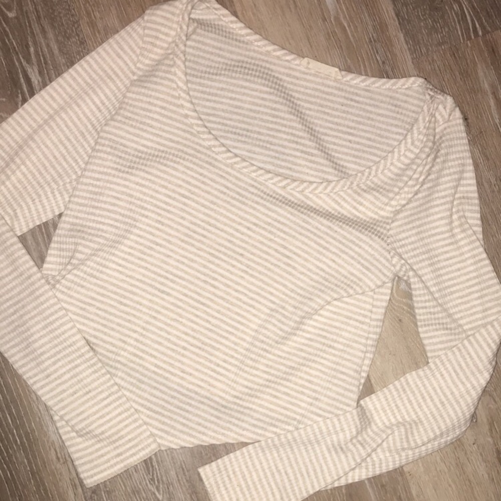 Tan and white striped cropped long sleeve shirt